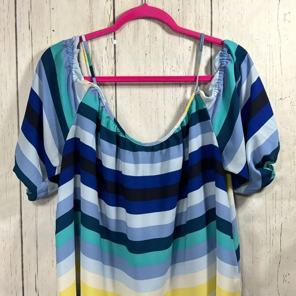 New York & Company Stripes Off The Shoulder Blue Coastal Nautical Blouse